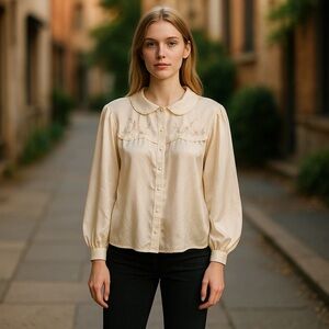 Vintage Barbizon Light Peach Pink Embroidered Long Sleeve Satin Pajama Shirt